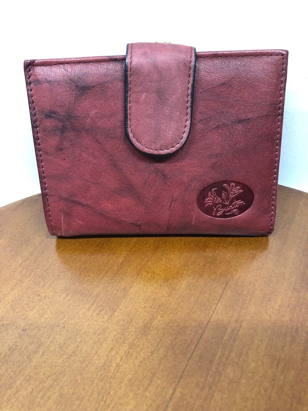 Buxton Wallet Red Genuine Leather Trifold Kiss Lock Coin Purse ID Window New